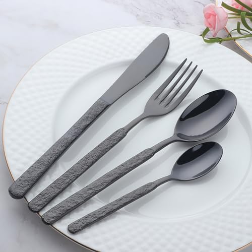 Flatware Set 32 Piece Black Silverware Set for 8 Hammered Handle 18/8 Food-Grade Stainless Steel Halloween Essentials Christmas