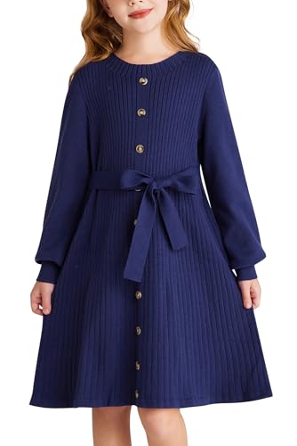 GRACE KARIN Mädchen Strickkleid Festlich Elegant Langarm Winterkleid Zopfmuster Partykleid Marineblau 7 Jahre