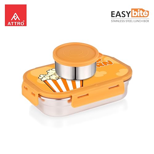 Image of ATTRO Easy Bite Stainless Steel Lunch Box with Inner Steel Body, Airtight 4-Side Lock Lid, Leakproof Silicone Seal, Small Container Office School Kids Tiffin Box - 650ml+150ml-Popcorn Crunch Orange