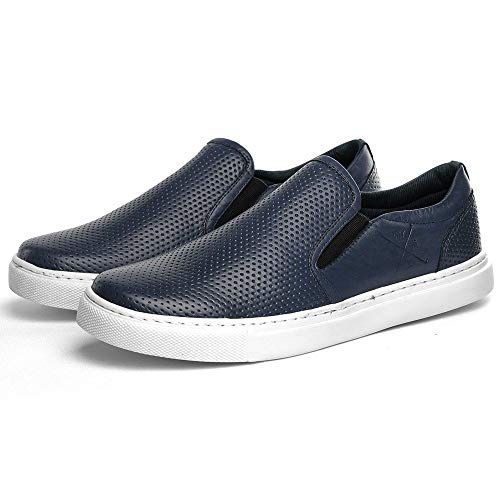 Sapatenis Iate Slip On Masculino Couro Furadinho Cor:Azul;Tamanho:37