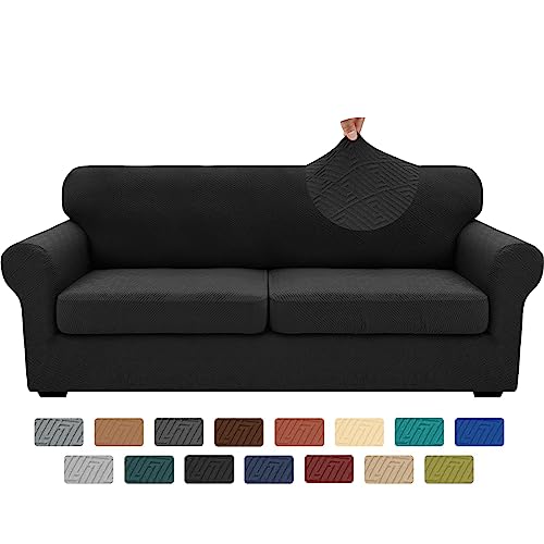 XINEAGE 2025 New 3 Pieces Couch Covers for 2 Extra Large Cushion Sofa Super Stretch Sofa Cover for 2 Large Seat Cushion Universal Loveseat Slip Cover for Living Room (Black), 71"-91"(2 Cushions)