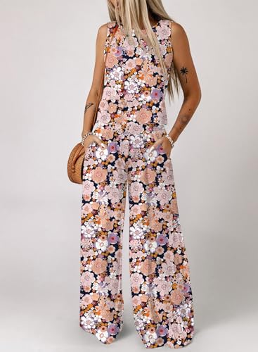 Image of Dokotoo Pants Sets Women 2 Piece Outfits Sleeveless Round Neck Tank Tops Matching Sets for Women Elastic Waist Wide Leg