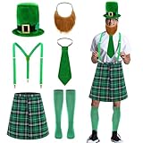 Ninewheat 6 Pcs St. Patrick's Day Party Costume Set, Shamrock Leprechaun Hat and Faux Beard, Bow Tie,Suspender, Irish Plaid Green Kilt Skirt, Long Knee Socks, Leprechaun Costume for Women Men