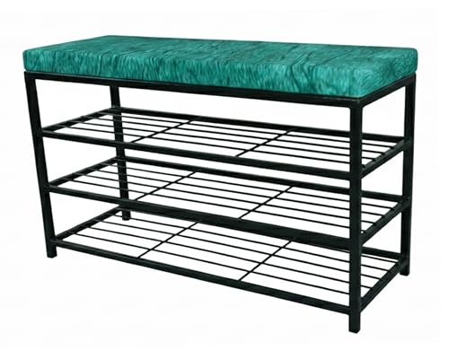 Image of Metal Shoe Rack Bench for Entryway | 3-Tier Shoe Organizer with Comfortable Cushion | Multipurpose Hallway Storage Furniture (Black, Heavy Duty Steel) (Black-Green, 3-Tier Rack)