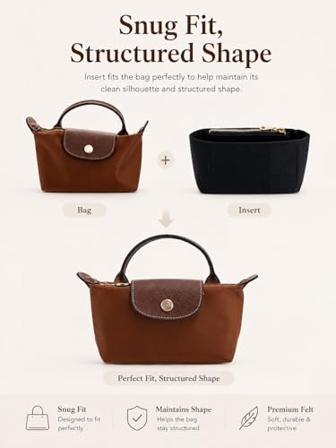 Image of Purse Organizer Insert & Leather Strap Conversion Kit Set, Compatible with Longchamp Le Pliage Mini Bag - Felt Inner Liner & Adjustable Shoulder Strap, Black
