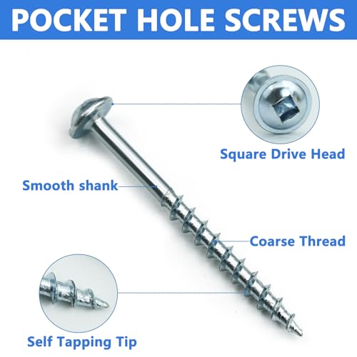 Image of 350 PCS Pocket Hole Screws Assortment Kit, 5 Sizes #8 x 1, 1-1 /4 inch, 1-1 /2 inch, 2 inch, 2-1 /2 inch,Square Drive Self Tapping Coarse Thread Wood Screws Set, Zinc Coated, Drive Bit Included Suitable for Indoor