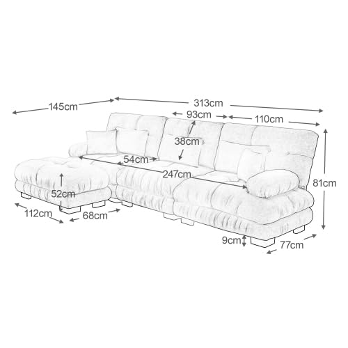 Modułowa sofa z funkcją spania w kształcie litery L z 1 otomaną 3-osobową – kanapa chmurowa z szenilą, bezboneless sofa z funkcją spania i 4 poduszkami, różne kolory 313 x 145 x 81 cm