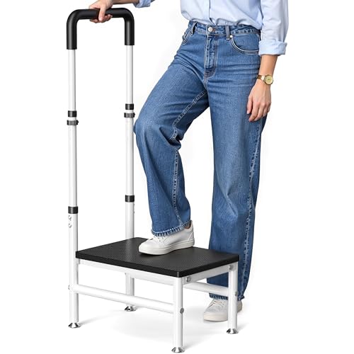 Step Stool with Handle for Adults and Seniors Heavy Duty One Step Wooden Platform Stool with Adjustable Handrail Wide Non Slip Footstool for Bedside Bathroom and Home