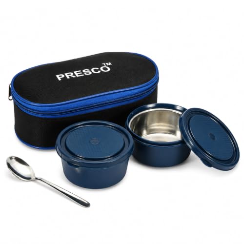Image of PRESCO Insulated Lunch Box Set (2 Microwave Safe Inner Steel Containers, 450ml*2; with Steel Spoon) with Insulated Fabric Bag, Lunch Box for Office Use, Leak Proof, Tiffin Box for Men (Blue)