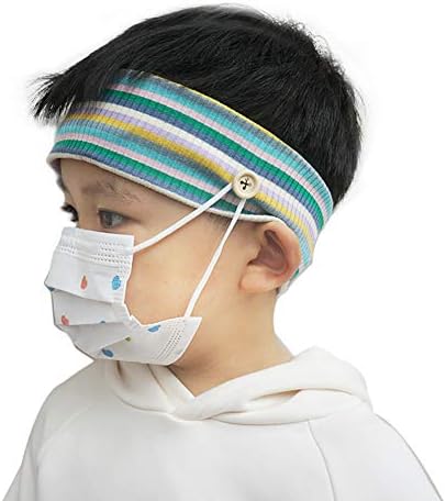 Children Soft Elastic Hair Band Sports Headbands No Pain Face Mask Holder with 2 Buttons Protect Ears for Boys&Girls Pink Blue Stripes