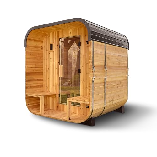 Backyard Discovery Lennon 2-4 Person Traditional Cedar Outdoor Cube Sauna with Porch, Electric Sauna Heater, Sauna Rocks, Dry Heat, Steam Sauna, LED Lights, Wi-Fi Control, Sauna Accessories