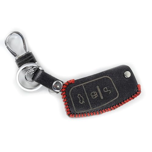 Image of Leather Smart Car Key Cover Case with Key Chain for Ford Fiesta Figo (Black)