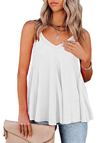MUMUBREAL Women's Ribbed Tank Tops Strappy Sleeveless Flare Shirts V Neck Flowy Swing Camis Blouses (White, M)