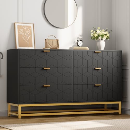 GAOMON Dresser for Bedroom, 53.5" Large Dresser Organizer, 6 Drawer with Golden Metal Handle and Legs, Modern Chest of Drawers, Black Dressers with Dr