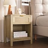 KIGOTY Farmhouse Rattan Nightstand, Bedside Table with Drawer,Open Compartment, Side Table with Storage, End Table for Bedroom (1)