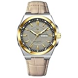 Poedagar Reloj de pulsera para hombre, impermeable, luminoso, fecha, semana, cuarzo, para hombre, casual, negocios, cuero, para hombre, Gris dorado
