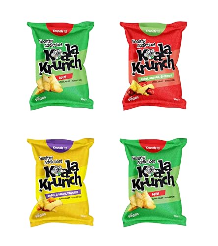 Koala Krunch® Probierpaket - Vakuumgetrocknete Fruchtchips ohne Zuckerzusatz | Gesunde Süßigkeiten Alternative für Kinder | Vegan Glutenfrei | 4x20g Obstchips Mix