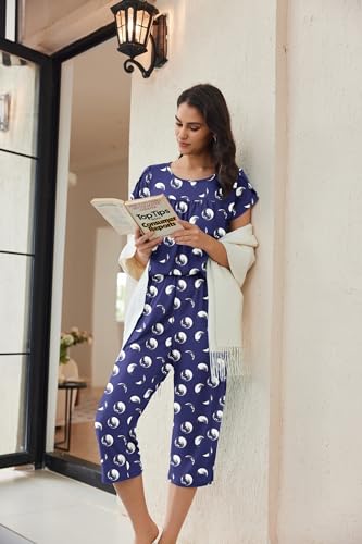 Image of Ekouaer Womens Pajama Set Short Sleeve Sleepwear Pleated Floral Pjs Set Capri Pants Lounge Sets with Pockets S-XXL