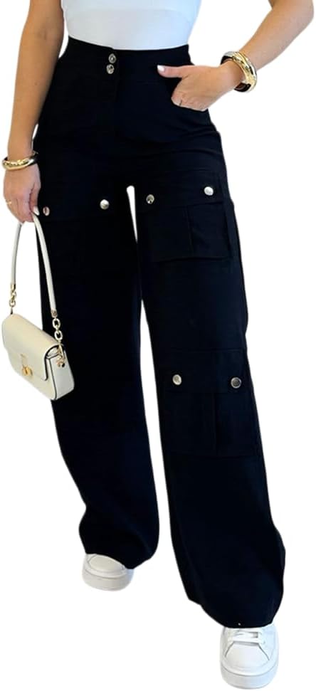 CHICME Women's High Waist Cargo Pants Zipper Fly Flap Pockets Design Elastic Back Waist Wide Leg Baggy Pants