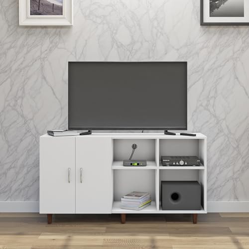 Image of VIKI Modern TV Unit for Living Room | Engineered Wood TV Cabinet with 2 Door Storage & 2 Open Shelves, Set Top Box Stand, Entertainment Unit, 140W x 74H x 40D cm | DIY | 1 Year Warranty (White)
