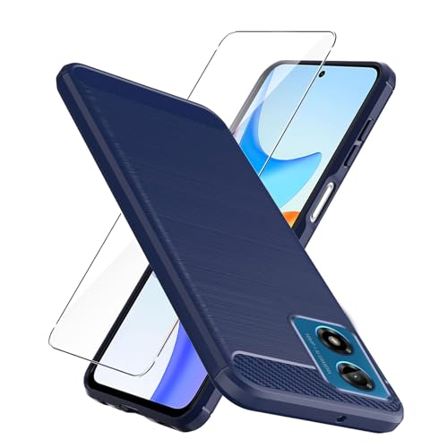 Vetro Temperato per Motorola Moto G04 4G Cover Blu Carbon Fiber + Pellicola Protettiva - Morbida Case Flessibile Fibra di Carbonio Custodia per Moto G04 4G 6.56