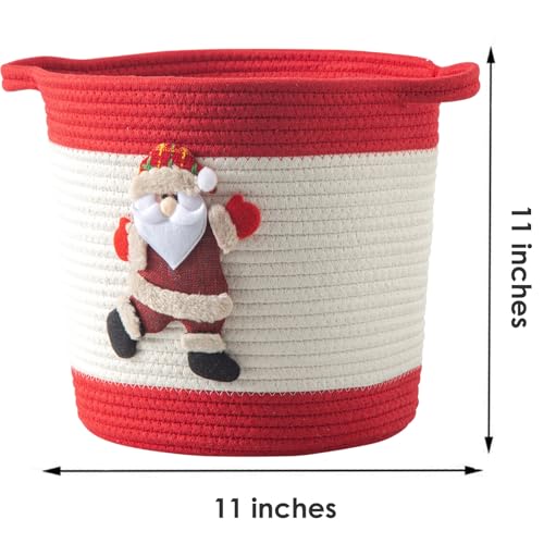 Image of Christmas Basket with Santa Claus Doll, Woven Cotton Rope Christmas Storage Basket with Handles, Christmas Toy Baskets for Towels, Diapers, Red