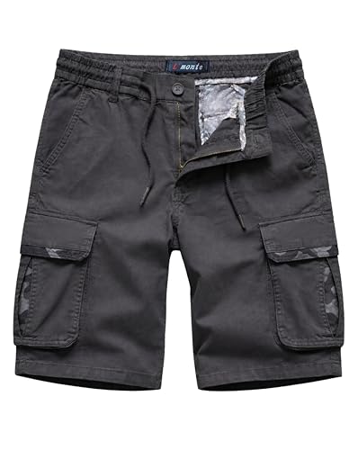 Image of L'MONTE Men's Imported Cotton Casual Relaxed Fit Outwear Cargo Shorts with Expandable Elastic Waist and Multi Pockets