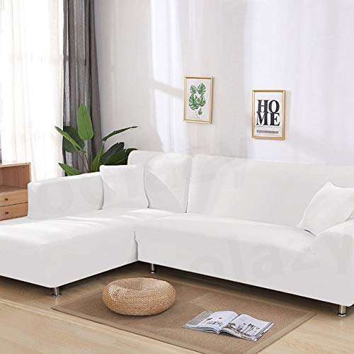 Housse de canapé d'angle en L extensible élastique blanche 2 places