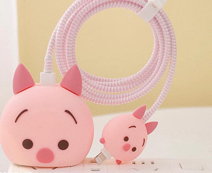 Image of Cartoon 3D Design Protective Case for 18W 20W iPhone 14 13 12 11 Pro Max Fast Charging Cable Adapter Charger, Cute Cartoon Lightning Data Cable Case for iPhone Charger Pijie-Pig