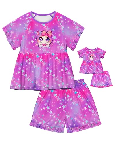 Image of LQSZ Matching Girls & Doll Pajamas Set for Toddler Girls Short Sleeves Cute Outfit Sleepwear