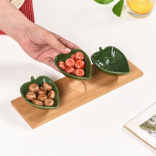 Image of Nestasia Leaf-Shaped Ceramic Dip Bowls Set with Bamboo Serving Tray 50ml | Eco-Friendly, Microwave and Dishwasher Safe | Perfect for Dips, Sauces, Nuts, Candies, Treats and Gifting