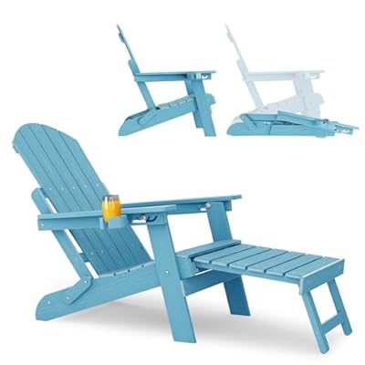 YEFU Adjustable Adirondack Chair with Footrest, 5-Level Adjustable Adirondack Chair with Retractable Ottoman & Cup Holder, Folding Adirondacks Chairs Use for Outdoor, Pool, Patio, Fire Pit