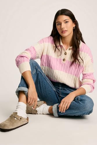 Women's Pink Stripe Cable Knit Collared Henley Sweater - Stylish & Cozy4