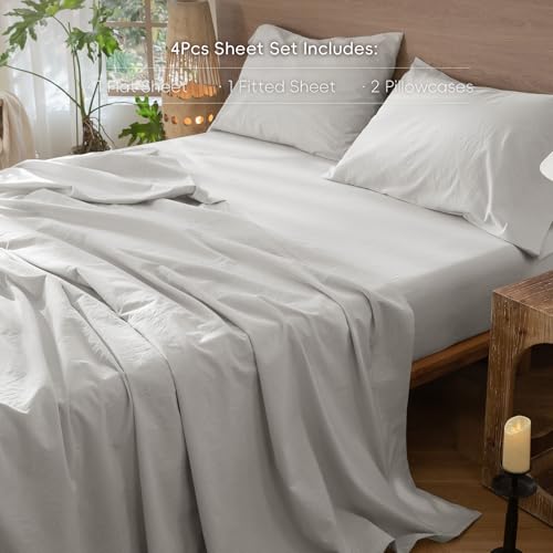 Image of MooMee Sheet Set 100% Washed Cotton Linen-Like Extra Deep Pocket King | Relaxed Linen-like Texture. Soft, Breathable & Lightweight Comfort. 15-19 inch Extra Deep Pocket with All-around Elastic