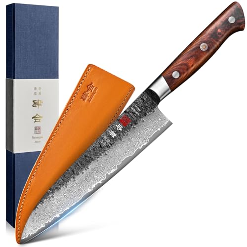 چاقوی آشپز Kanngou Damascus چاقوی ژاپنی 21 سانتی متری، چاقوی آشپزخانه VG-10 استیل هسته ای چاقوی سیاه فورج شده Gyuto با غلاف چرمی دسته چوب صندل قرمز، جعبه هدیه ممتاز برای پدر شوهر