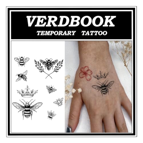 VERDBOOK Waterproof Temporary Tattoos: 2-Sheet Tattoo Kit with Realistic Body Stickers, Semi-Permanent Tattoos for Adults Lasting 7-15 Days – Safe for Men & Women, Bees Crown
