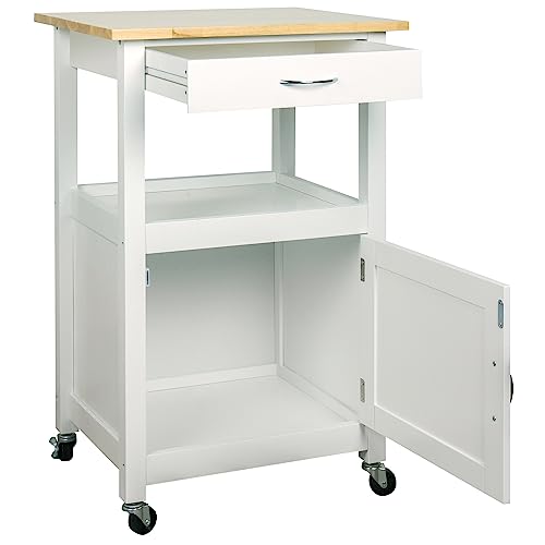 eHemco Kitchen Island Cart on Wheels with Drawer, Storage Cabinet, Shelf and Natural Solid Hardwood Top, White Base - Thumbnail 6