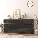 JassmiPkwy 70 INCH 9 Drawers Dresser with Power Outlet, Wide High Gloss Chest of Drawers Large, Modern Storage Drawer Dresser for Bedroom, Black