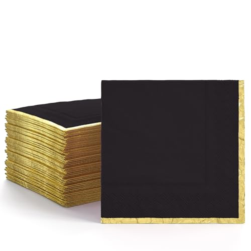 Party Solids Black Dinner Napkins With Gold Trim 64 Pcs 2-Ply Black Lunch Napkins with Gold Edge for Cocktail Parties & Party Supplies
