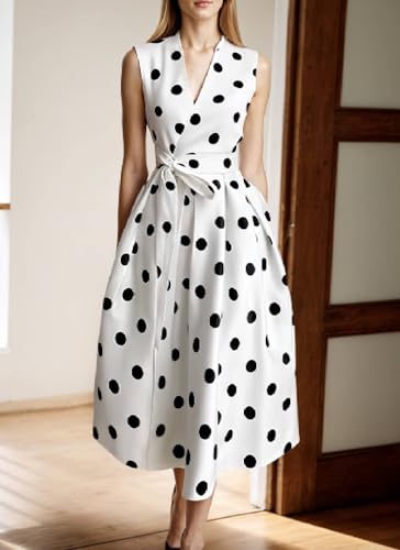 Womens 2025 Summer Sleeveless Midi Dress White Polka Dot Bow V Neck Flowy Aline Dresses Side Pocket Cocktail Dress2