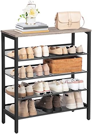 HOOBRO 5-Tier Shoe Rack, Shoe Storage Organizer with Flat or Slant Adjustable Shelf, Shoe Rack Organizer, Metal Frame, Shoe Shelf for Entryway, Bedroom, Sturdy, Greige and Black EBG01XJ01