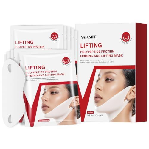 YAFUSIPE V Line Face Lifting Mask, 10 Sheets V Line Chin Strap Lifting Double Chin Reducer, Polypeptide Protein Collagen Neck and Face Slimming Masks, Hydrating Neck Sheet Mask for Women Tightening