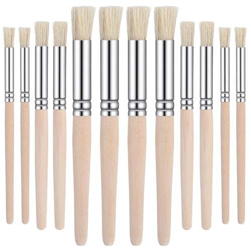 12 Pcs Wooden Stencil Brushes, Natural Bristle Template Paint Brushes,Wood Wall Painting Bristle Template Set,Paint Brush for Stencil Painting, Paintings on Wood Wall, Acrylic, Oil, Watercolor