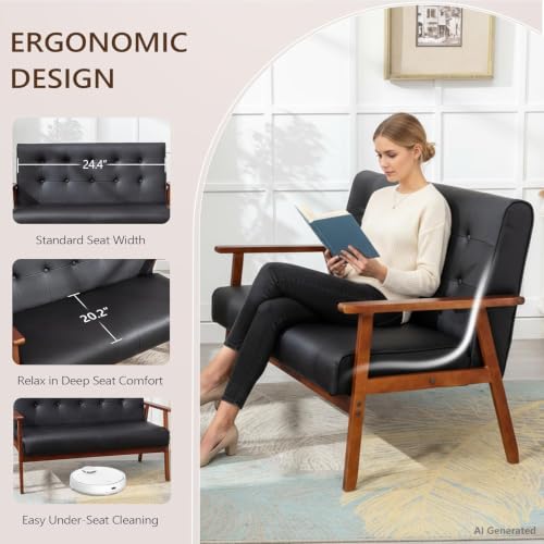 Image of JIASTING 50 inch W Solid Wood Loveseat Sofa, Upholstered Faux Leather Couch