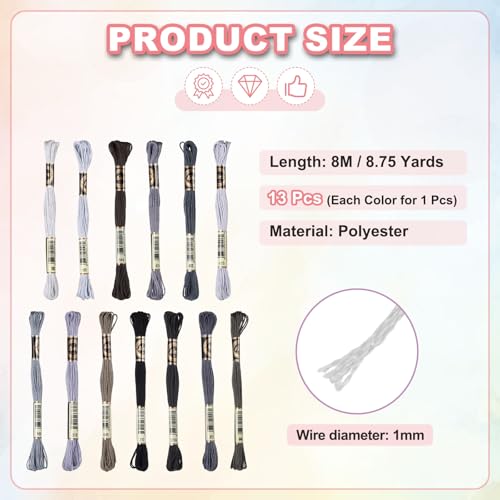 Image of PATIKIL 13 Skeins Embroidery Floss Polyester Embroidery Threads Bracelets String for Cross-Stitch Hand Embroidery, Cyan-Gray Gradient