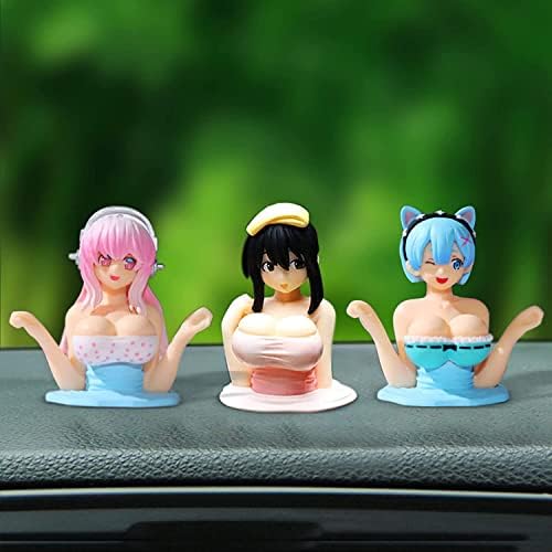 Dimcaso Chest Shaking Car Ornaments, Anime Figure Girl Car Dashboard Decorations, Collectible Figurines Cute Anime Girl Figure, Chest Shaking Ornament for Room Car Decor (Rem+Sonic+Kanako)