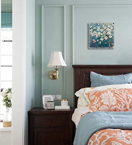 Canvas Wall Art Flower Bird Wall Decor For Bedroom Bathroom Framed Artwork For Walls Modern Wall Decorations Prints Picture For Kitchen Home Decor Size 14X14 Painting Of White Flowers Tree Green Back #TOP5