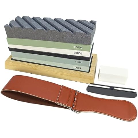 Knife Sharpening Stone Kit, Professional Whetstone Sharpener Water Stone Large Set, Premium 4 Side Grit 400/1000 3000/8000 Oilstone with bamboo base, Flattening Stone, Angle Guide, Leather Strop Cover