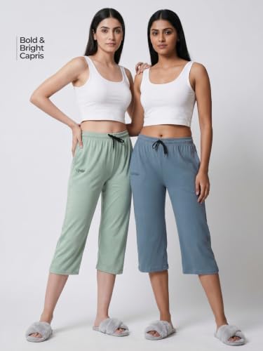 Image of Fflirtygo Women's Cotton Plain Calf Length Capri | Nightwear Short Pyjama | 3 /4th Solid Pyjama Pant | Regular Fit Casual & Lounge Wear Capri Combo (Pack of 2)