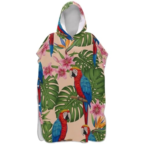 Peignoir de bain à capuche coloré motif perroquets tropicaux bleu et rouge pour le surf - 2